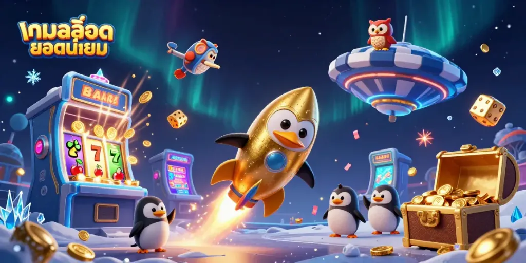 Engage in the excitement of เกมสล็อตยอดนิยม through a vibrant, dynamic casino space scene rich with gold coins and lively symbols.