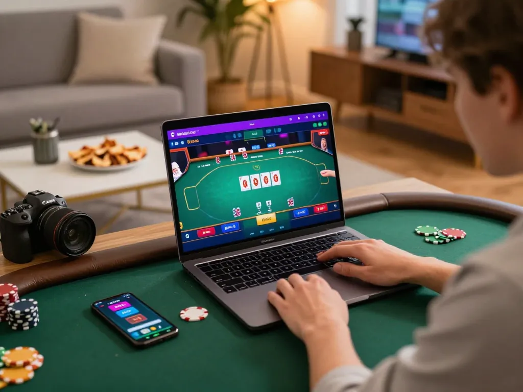 Player engaging in an online poker game at home on uu88vn gaming setup