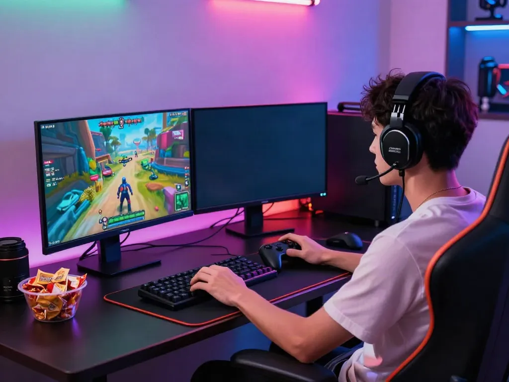 Action-packed gaming setup featuring A80 platform, dual monitors, and colorful lighting.
