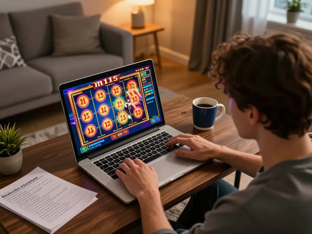 Engaging with m115-themed slot machines on a laptop in a cozy home setup, capturing a strategic online gaming moment.