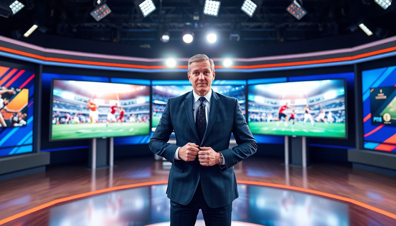 Dynamic sports broadcasting studio with an engaging anchor presenting live sports events.