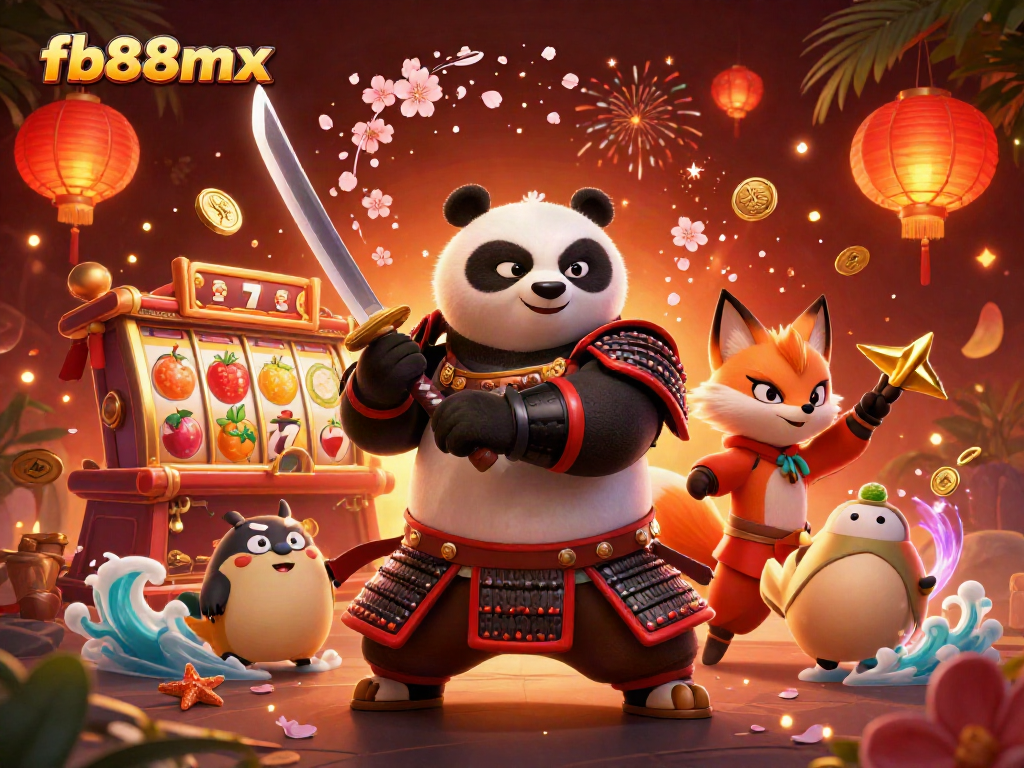 Engage in thrilling gameplay at fb88mx with vibrant samurai panda and fox amidst slot reels and magical elements.