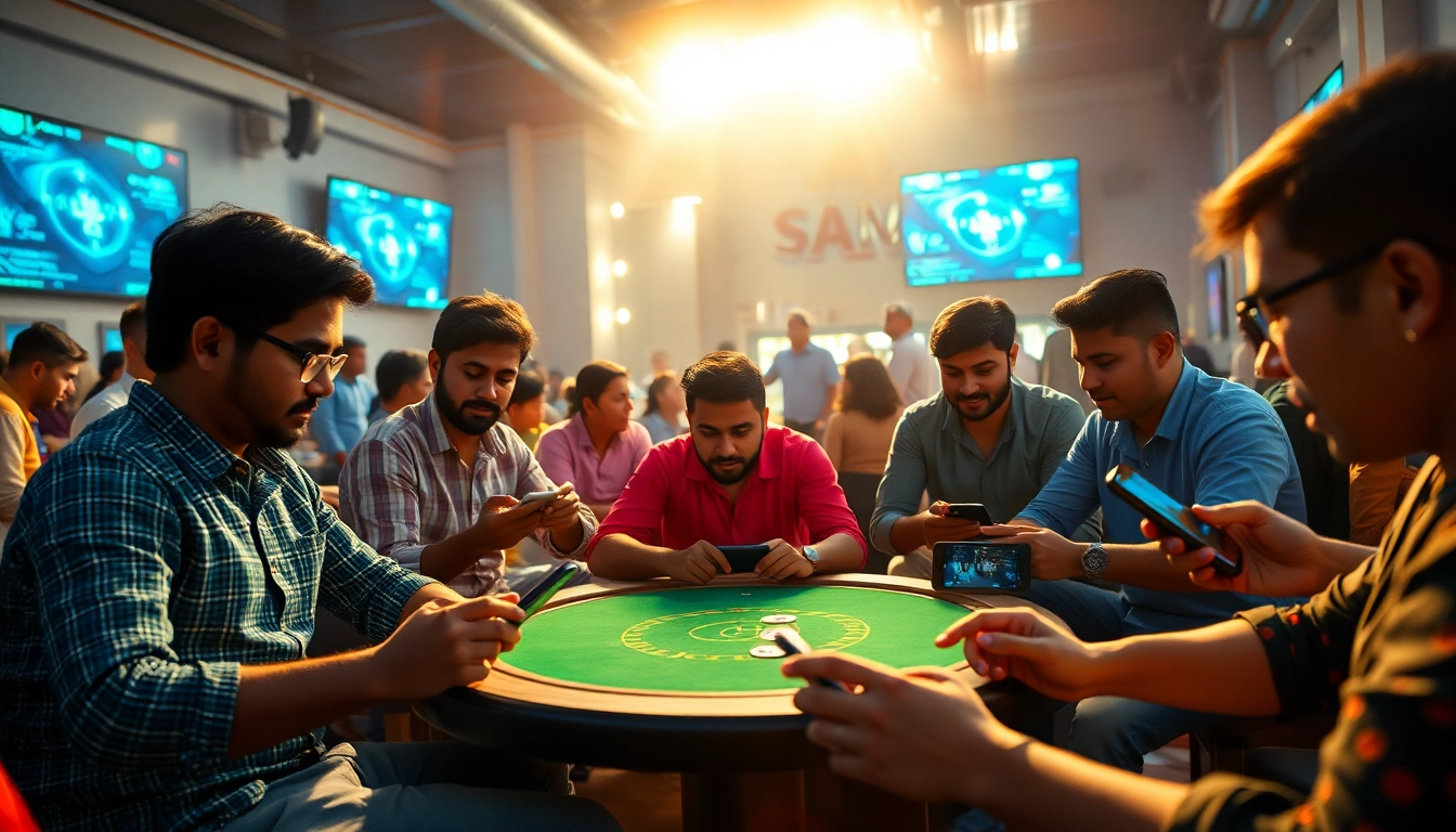 Users enjoying Yono Games on mobile devices in a vibrant gaming environment.