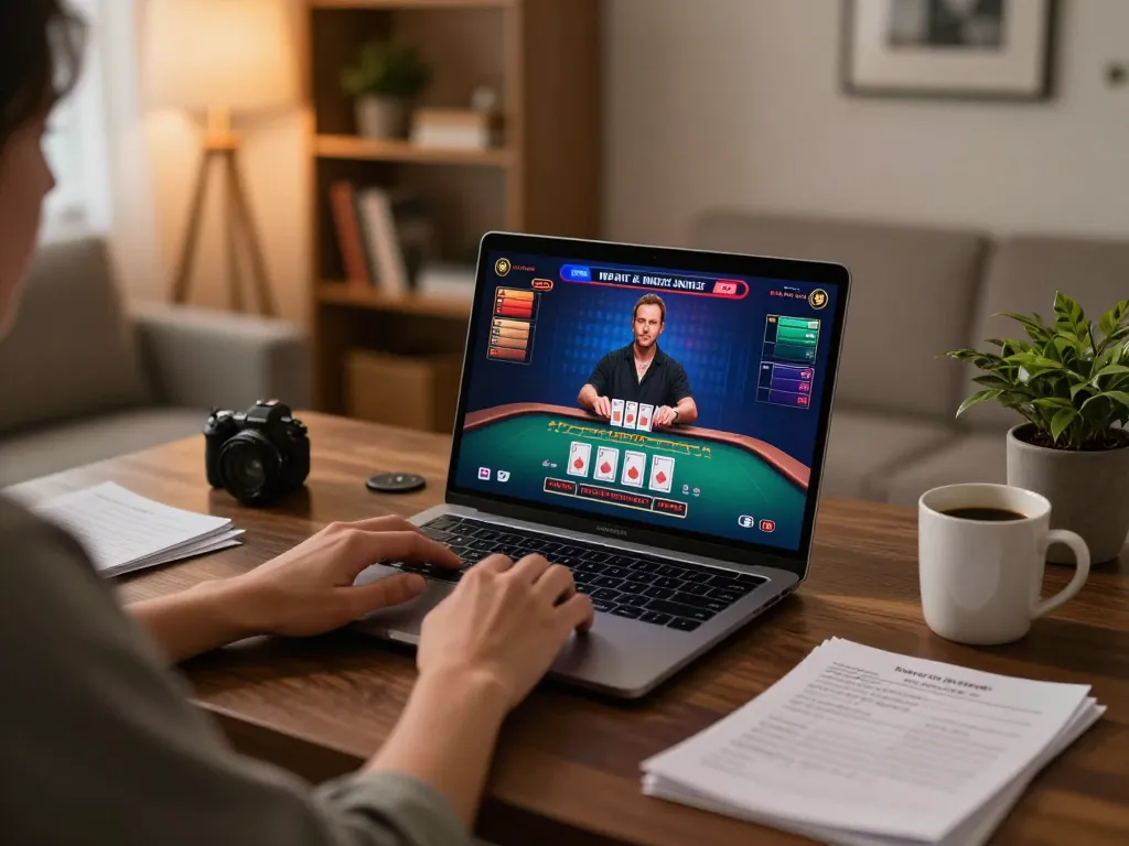 Player engaging in live dealer blackjack at home using tr88 on a laptop in a cozy office.