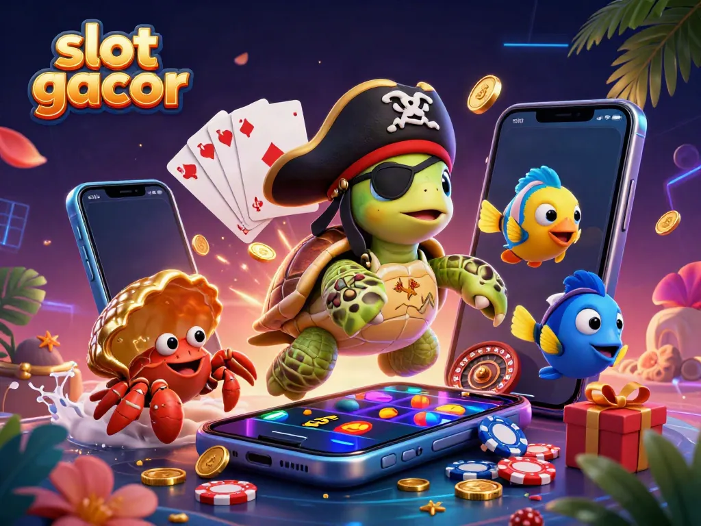 Engaging 3D scene of slot gacor featuring pirate turtle and treasure, with vibrant gambling elements.