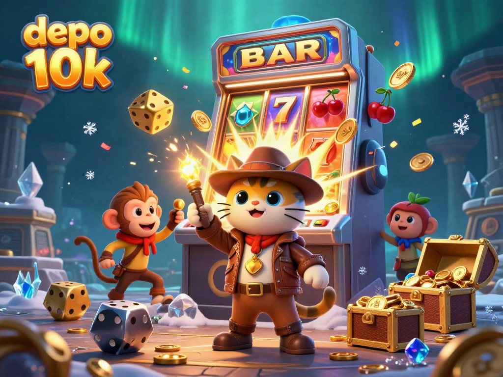Explore the vibrant world of depo 10k with a 3D cartoon cat discovering casino treasures amidst dynamic gameplay elements.