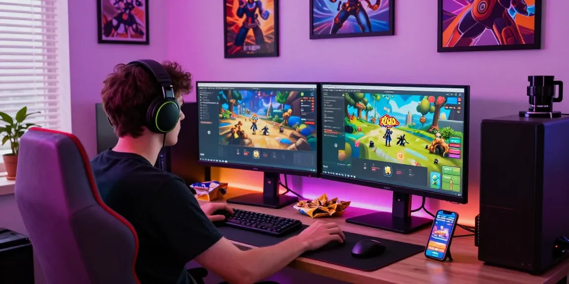 Raja Game login screen displayed on dual monitors in an energetic gaming setup.