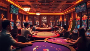 Aufregendes Online-Glücksspielerlebnis bei 79king hn, das vielfältige Spieler in einer luxuriösen virtuellen Casino-Umgebung zeigt.