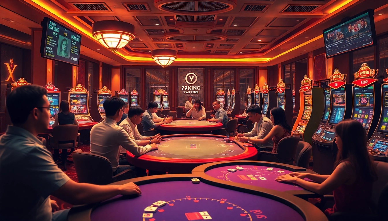 Aufregendes Online-Glücksspielerlebnis bei 79king hn, das vielfältige Spieler in einer luxuriösen virtuellen Casino-Umgebung zeigt.