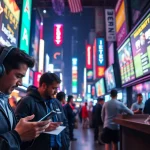 Engaged individuals participating in online Betting amidst a lively city backdrop.