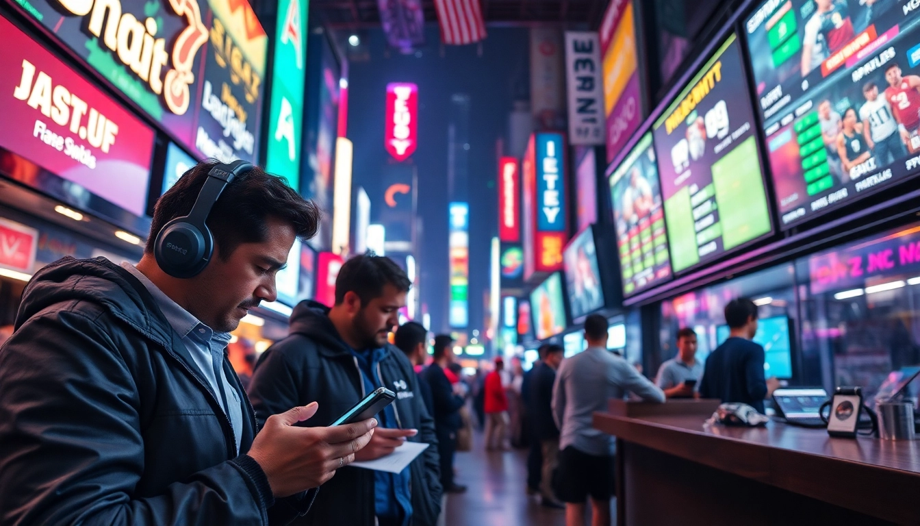 Engaged individuals participating in online Betting amidst a lively city backdrop.