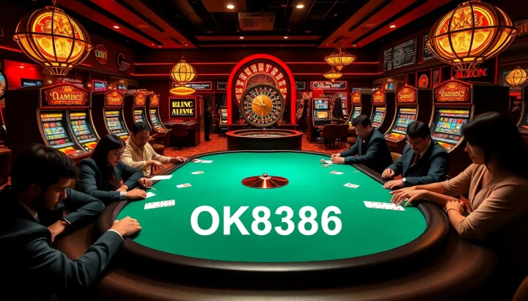 Experience excitement at the OK8386 poker table amidst luxury casino elements.