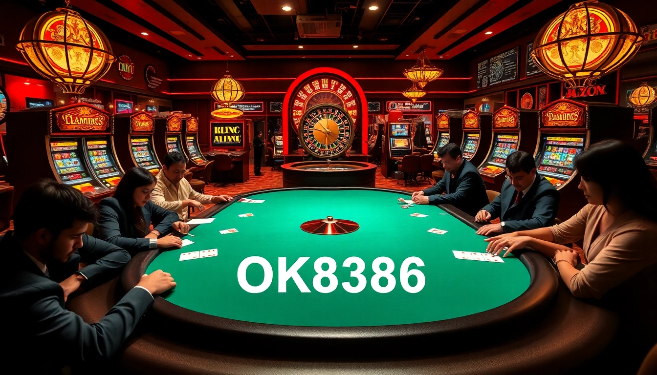 Experience excitement at the OK8386 poker table amidst luxury casino elements.