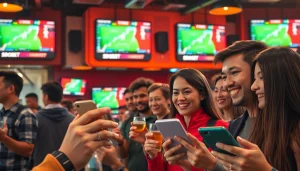 Pengguna SBOBET yang semangat menikmati taruhan olahraga sambil bersenang-senang di bar.