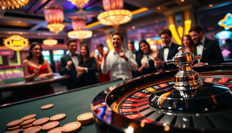Engaged players at a Casino roulette table, featuring vibrant colors and lively atmosphere.