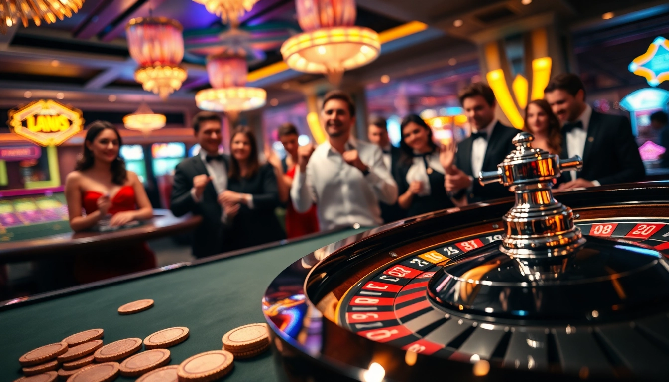 Engaged players at a Casino roulette table, featuring vibrant colors and lively atmosphere.