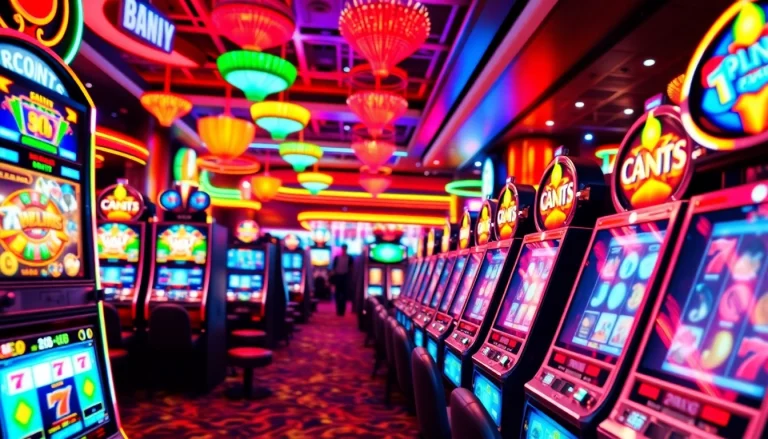 Slot Game mengasyikkan di mesin slot dengan cahaya neon cerah, menarik pemain untuk bermain.