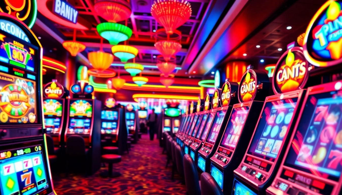 Slot Game mengasyikkan di mesin slot dengan cahaya neon cerah, menarik pemain untuk bermain.