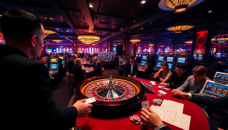 Players enjoy an exciting game night at OK8386 Casino, with roulette wheels and vibrant slot machines.