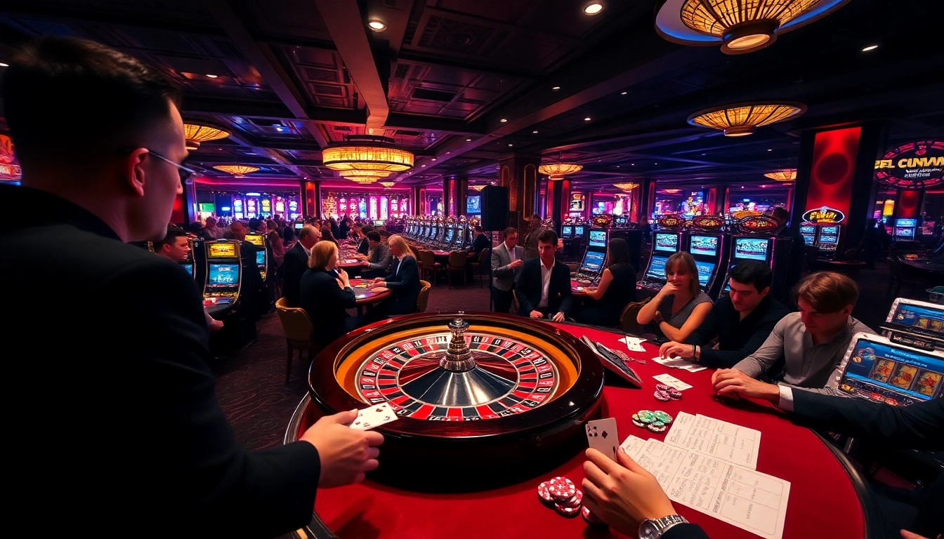 Players enjoy an exciting game night at OK8386 Casino, with roulette wheels and vibrant slot machines.
