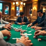 Engaging players compete in a lively Poker Game at a luxury casino table, showcasing focus and excitement.
