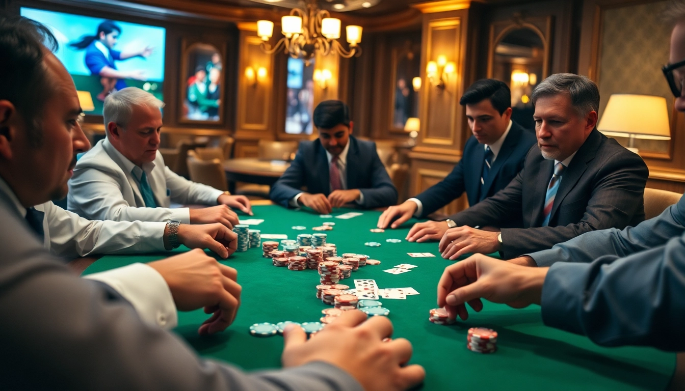 Engaging players compete in a lively Poker Game at a luxury casino table, showcasing focus and excitement.
