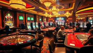 Experience the excitement at jun88.com with players enjoying poker, roulette, and slot machines in a vibrant casino atmosphere.