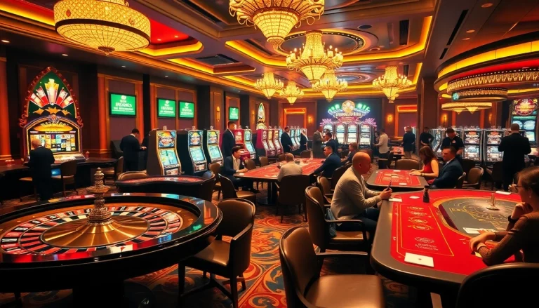 Experience the excitement at jun88.com with players enjoying poker, roulette, and slot machines in a vibrant casino atmosphere.