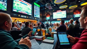 Engage in Sports Betting thrills with lively fans enjoying a vibrant sportsbook environment.