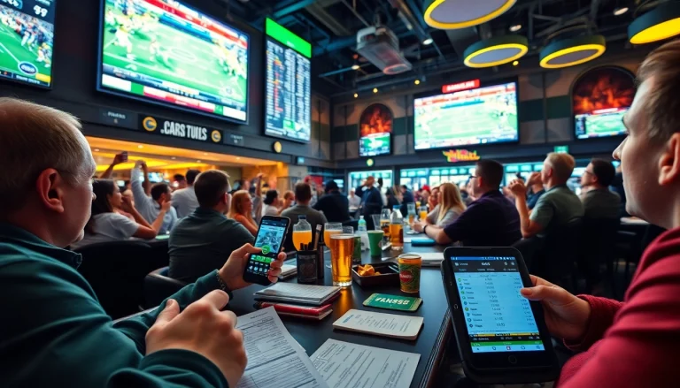 Engage in Sports Betting thrills with lively fans enjoying a vibrant sportsbook environment.