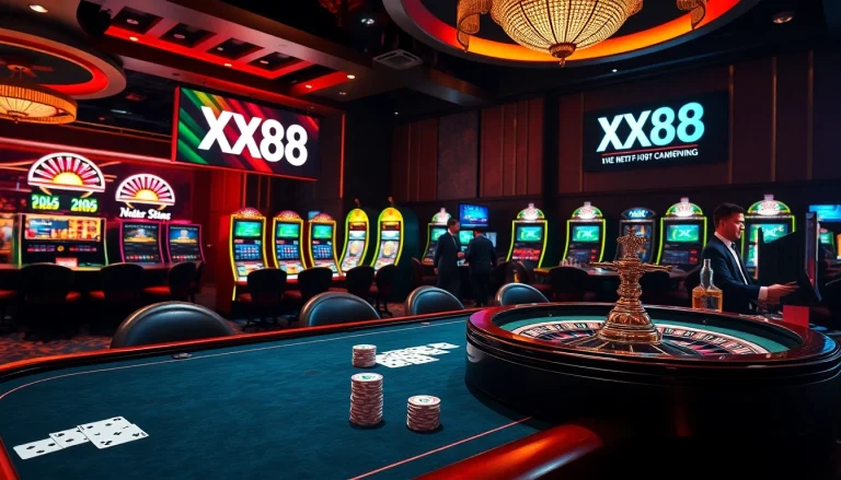 Action-packed scene showcasing XX88 casino excitement with poker, roulette, and slot machines.
