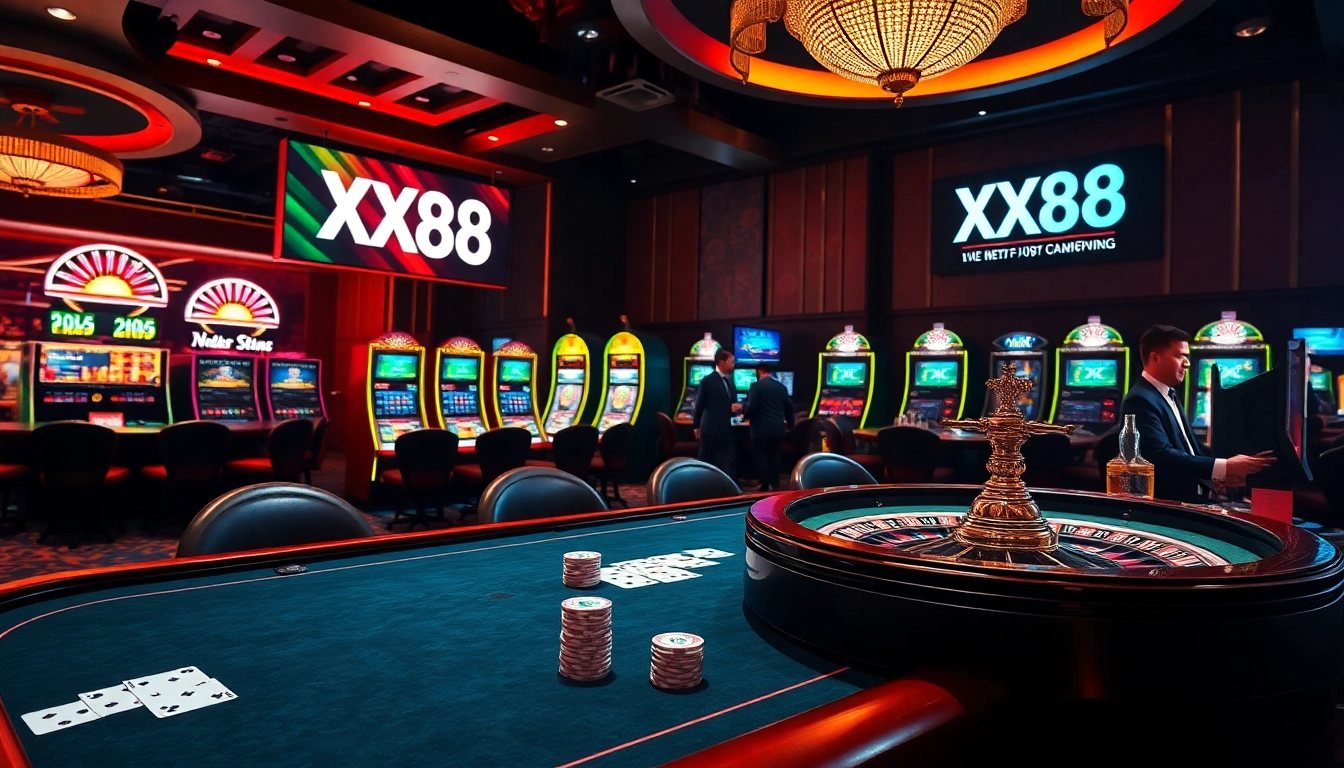 Action-packed scene showcasing XX88 casino excitement with poker, roulette, and slot machines.