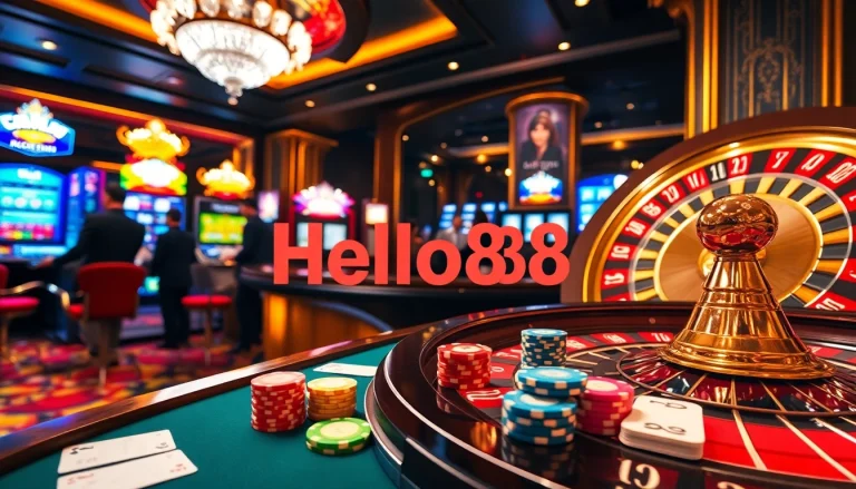 Hello88 casino scene with poker chips, roulette wheel, and vibrant gaming ambiance.