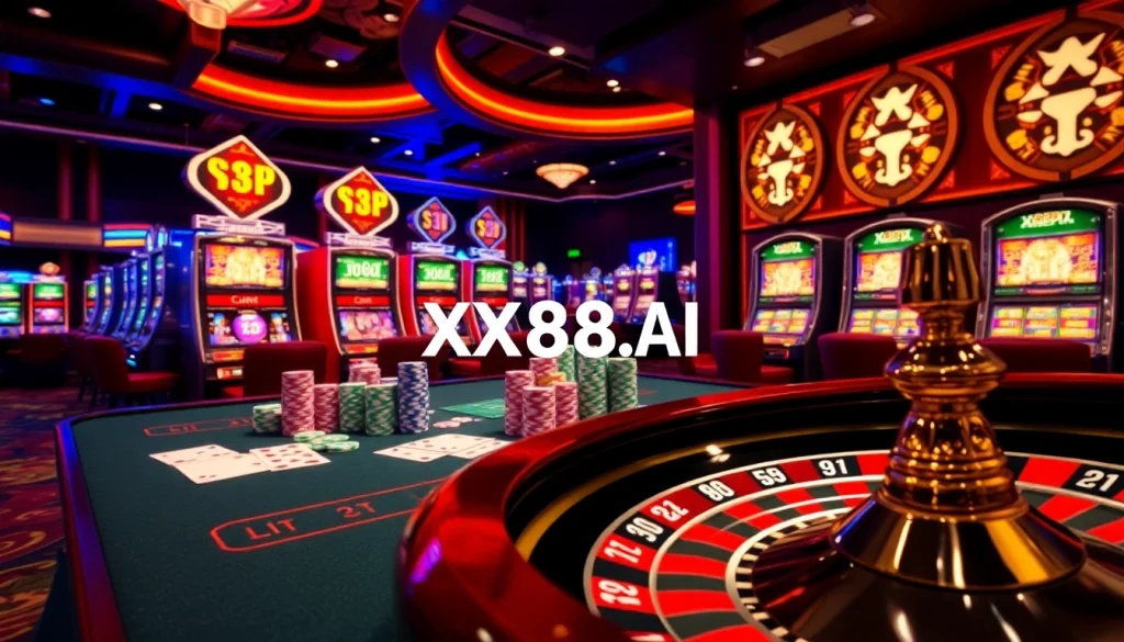 Experience the thrill of winning at XX88.AI with vibrant casino tables and spinning roulette wheels.