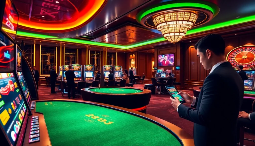 Players enjoying a thrilling game at a 22JL casino table with vibrant slot machines.