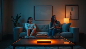 Engaging scene of sex AI chat conversation between characters in a cozy, modern room.