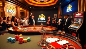 Excited gamblers experiencing the thrills of rr88itcom at a vibrant casino table.