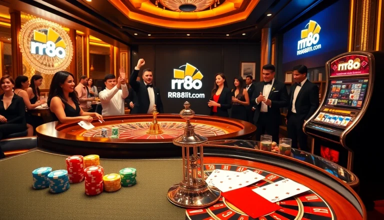 Excited gamblers experiencing the thrills of rr88itcom at a vibrant casino table.