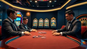 Participate in an exciting game at BJ 888 with vibrant casino elements and professional players.