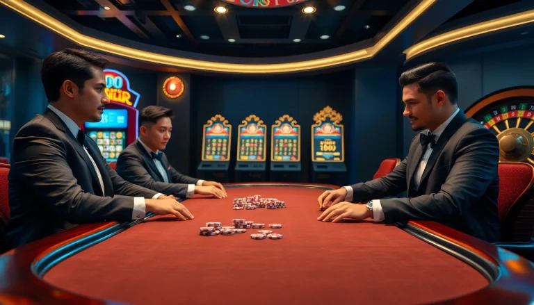 Participate in an exciting game at BJ 888 with vibrant casino elements and professional players.