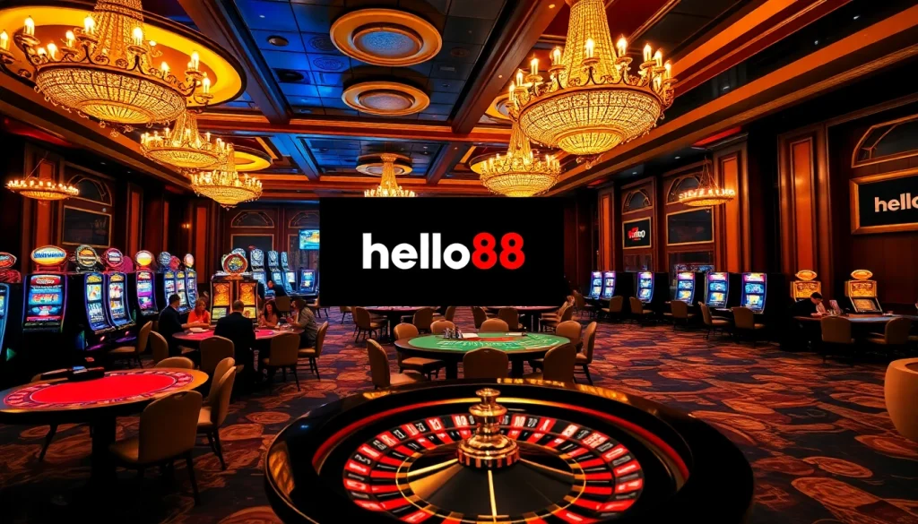 Exciting casino scene showcasing Hello88 with poker players and vibrant slot machines.