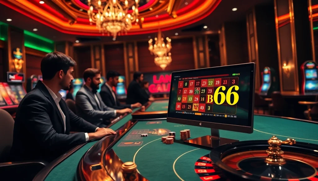 Engaging gamblers at Nhà cái Bj66 with vibrant casino tables and online gaming excitement.
