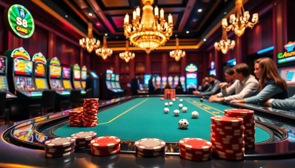 S8 gaming table highlights vibrant casino atmosphere with excited players and luxurious decor.