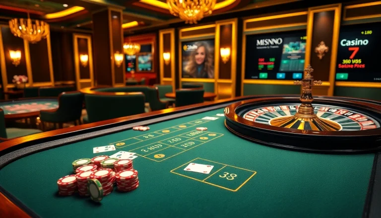 32win casino table with colorful chips, cards, and a digital roulette wheel showcasing professional gambling excitement.