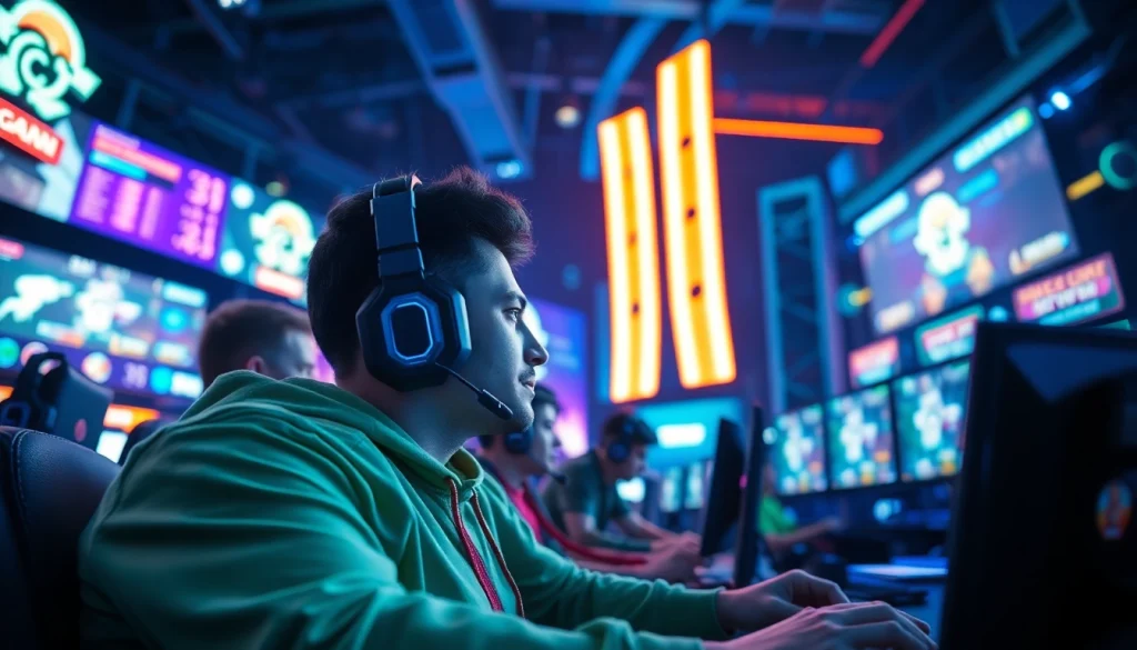 Menggambarkan pemain yang sedang beraksi dalam qqmacan game di arena gaming yang ramai.