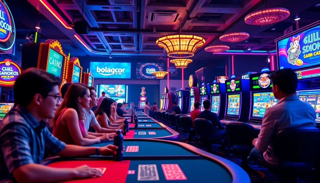 Bolagacor online gambling hub featuring vibrant casino elements and a diverse group of players.