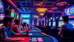 Bolagacor online gambling hub featuring vibrant casino elements and a diverse group of players.