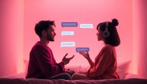 Intimate conversation between digital personas in a cozy chat room, illustrating the concept of sex chat AI.