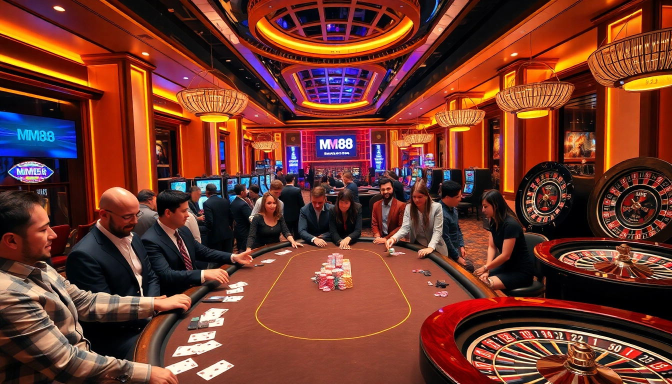 A lively casino scene showcasing MM 88 poker players engaged in high-stakes action at a classy table.