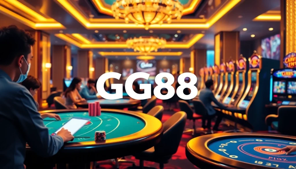 Engaging players at GG88 casino with vibrant poker tables and enticing slot machines.